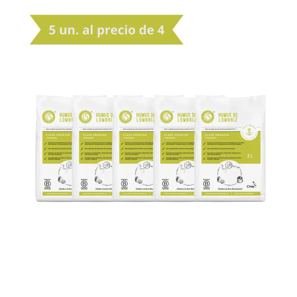 Pack 5 Humus de Lombriz 3L Chicureo Sustentable