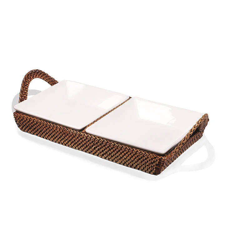 Bandeja Rectangular Seccional con 2 Platos de Porcelana Calaisio