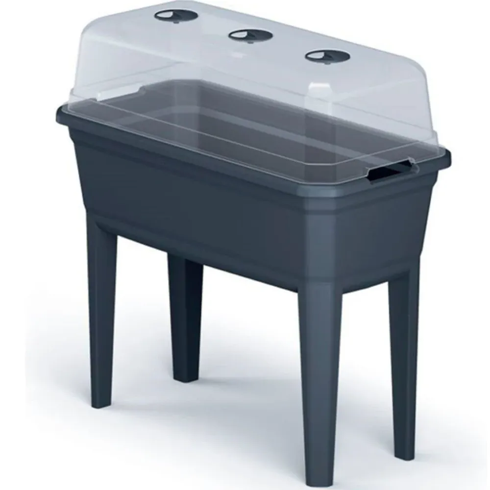 Huerto urbano jardinera rectangular grande de plástico para terraza. tapa invernadero. antracita. 42 litros.