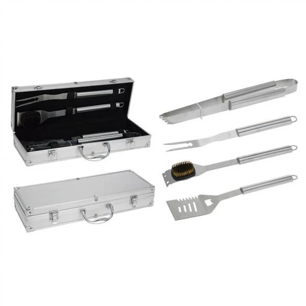 Set de 4 accesorios metálicos para barbacoa en maletín. Incluye: espumadera, tenedor, pinza y cepillo. pls