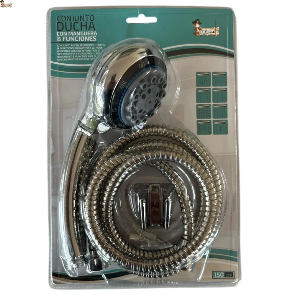 Conjunto ducha 8 posiciones. Incluye flexo 150 cms., alcachofa rociador, soporte pared, tornillerí. Kit ducha baño completo