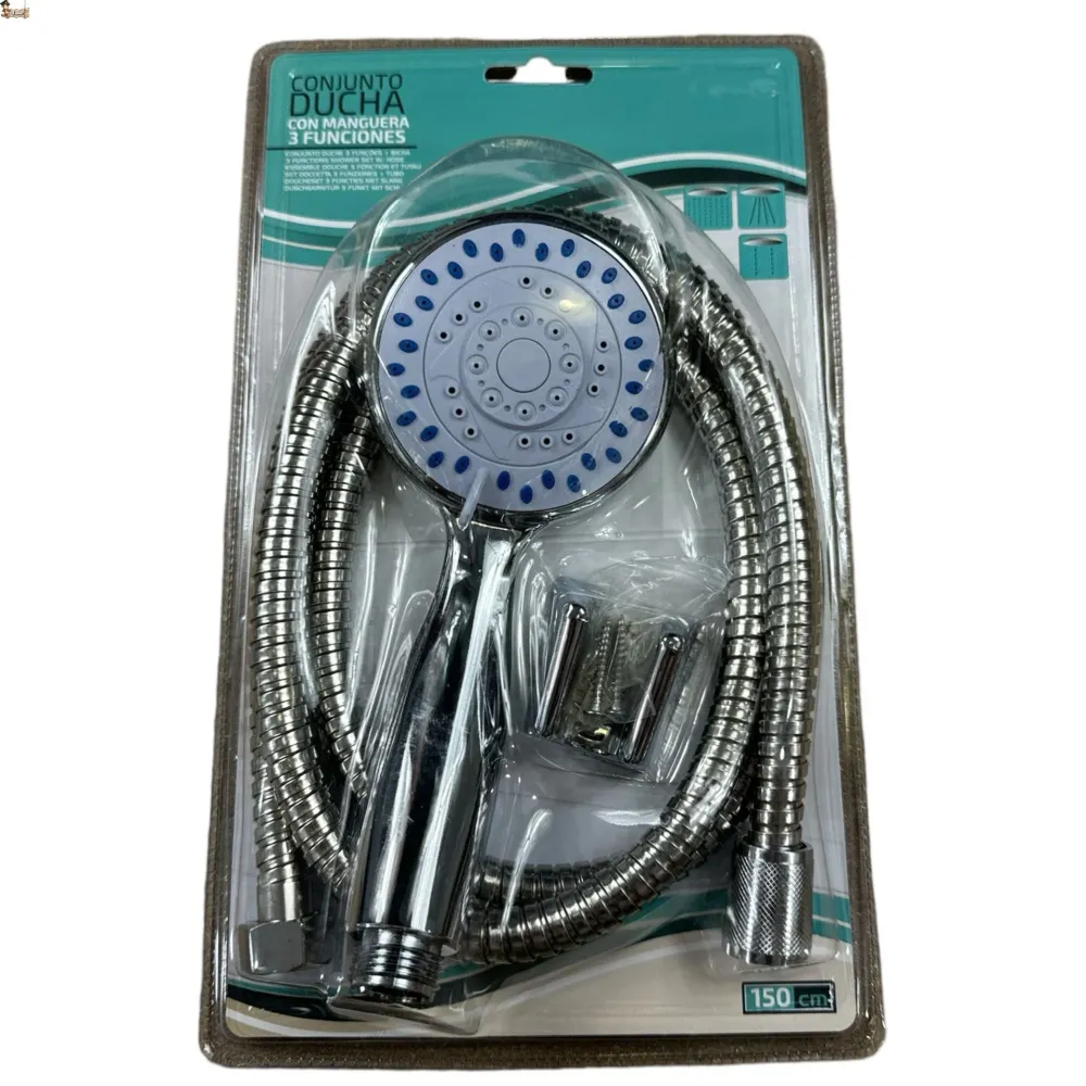 Conjunto ducha 3 posiciones. Incluye flexo 150 cms., alcachofa rociador, soporte pared, tornillerí. Kit ducha baño completo