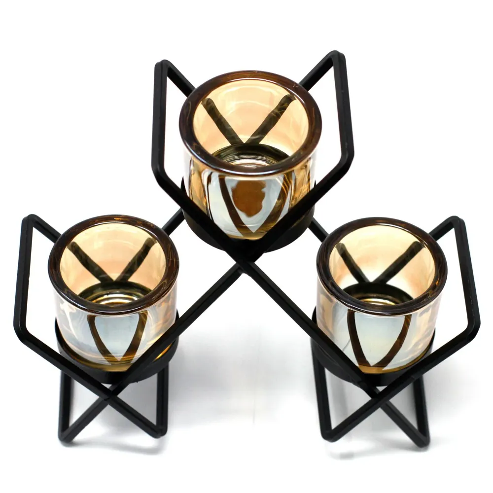 Candelabro de hierro negro con diseño triangular y 3 portavelas AWArtisan Dropship