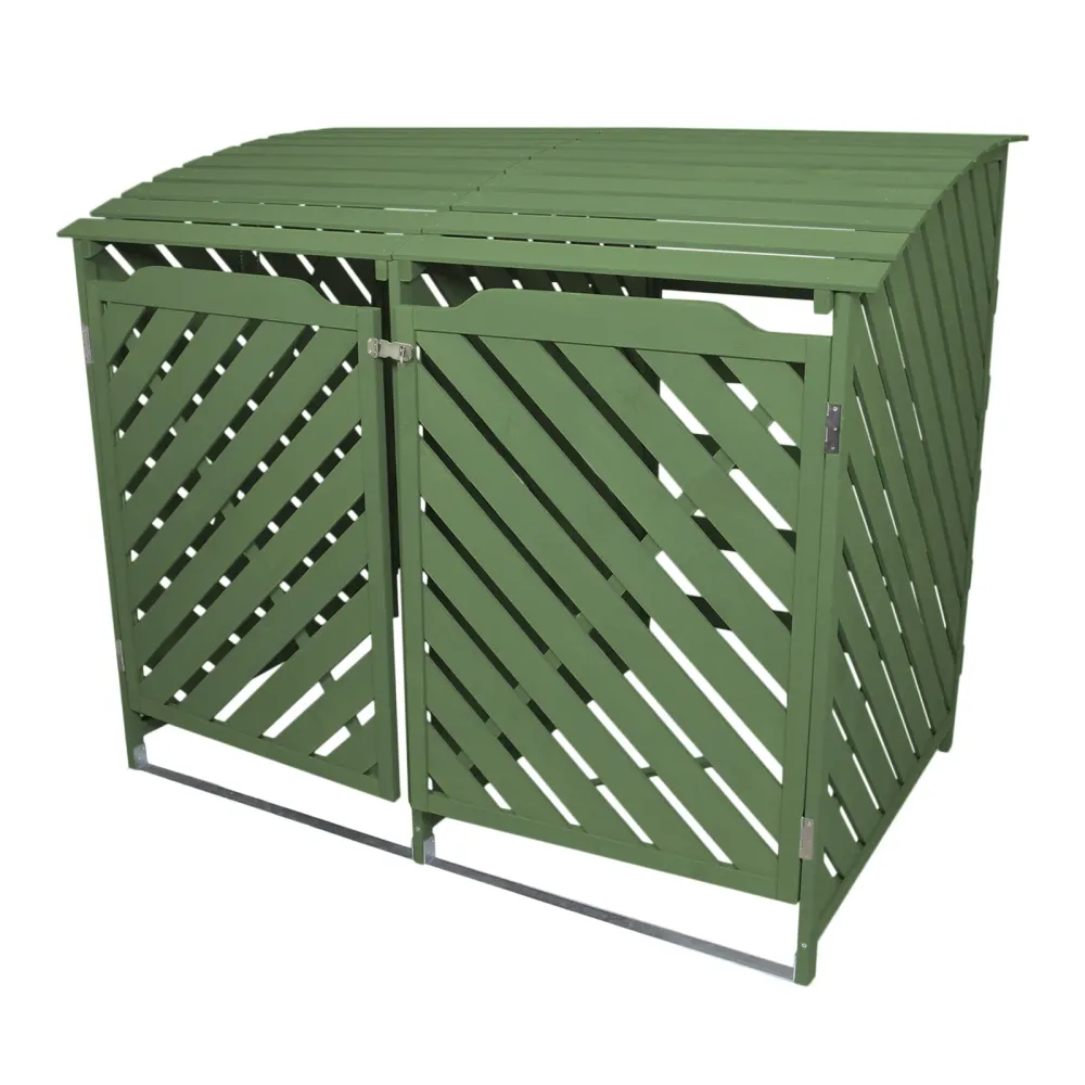 Doble Cobertizo Contenedor de Basura Madera Verde Salvia Almacenamiento Exterior