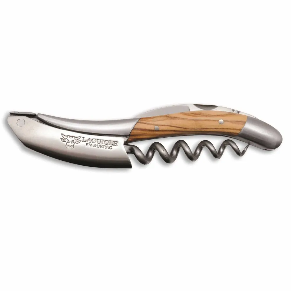 Laguiole en Aubrac 2-Piece Sommelier Waiter's Corkscrew and Handcrafted Plate Multipurpose Knife Olivewood Handle Set