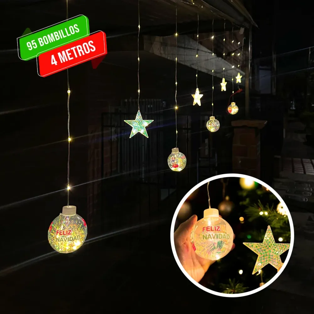 Cortina Intercalada Estrellas y Esferas Confeti 4M Luces Led Navidad 1650 Calida
