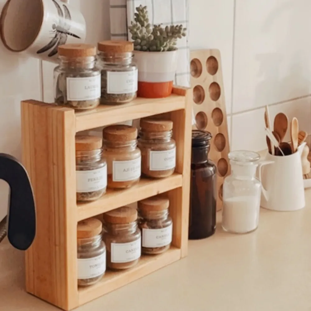 Repisa de Madera + 6 especieros de 145 ml con tapa de corcho natural Casa Bohem