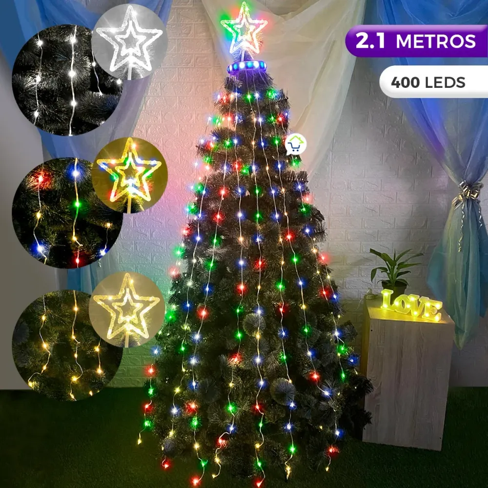 Estrella Para Árbol Efecto Cascada 2.1 M 400 LEDS Decoración Navidad 1580A Blanco