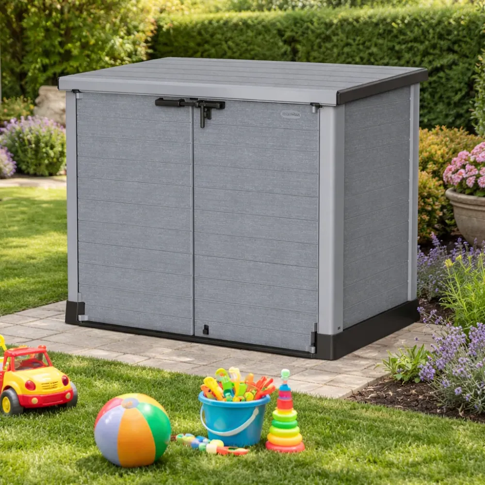 Duramax StoreAway 1200L cobertizo de almacenamiento de jardín de plástico con tapa plana, recinto de basura, gris