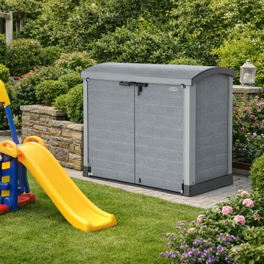 Duramax StoreAway 1200L cobertizo de almacenamiento de plástico para jardín con tapa de arco, recinto de basura, gris