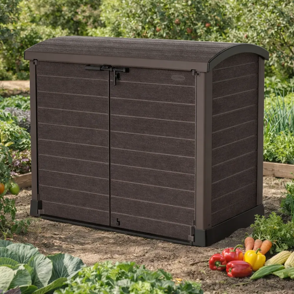 Duramax StoreAway 1200L cobertizo de almacenamiento de plástico para jardín con tapa de arco, caja de basura, marrón
