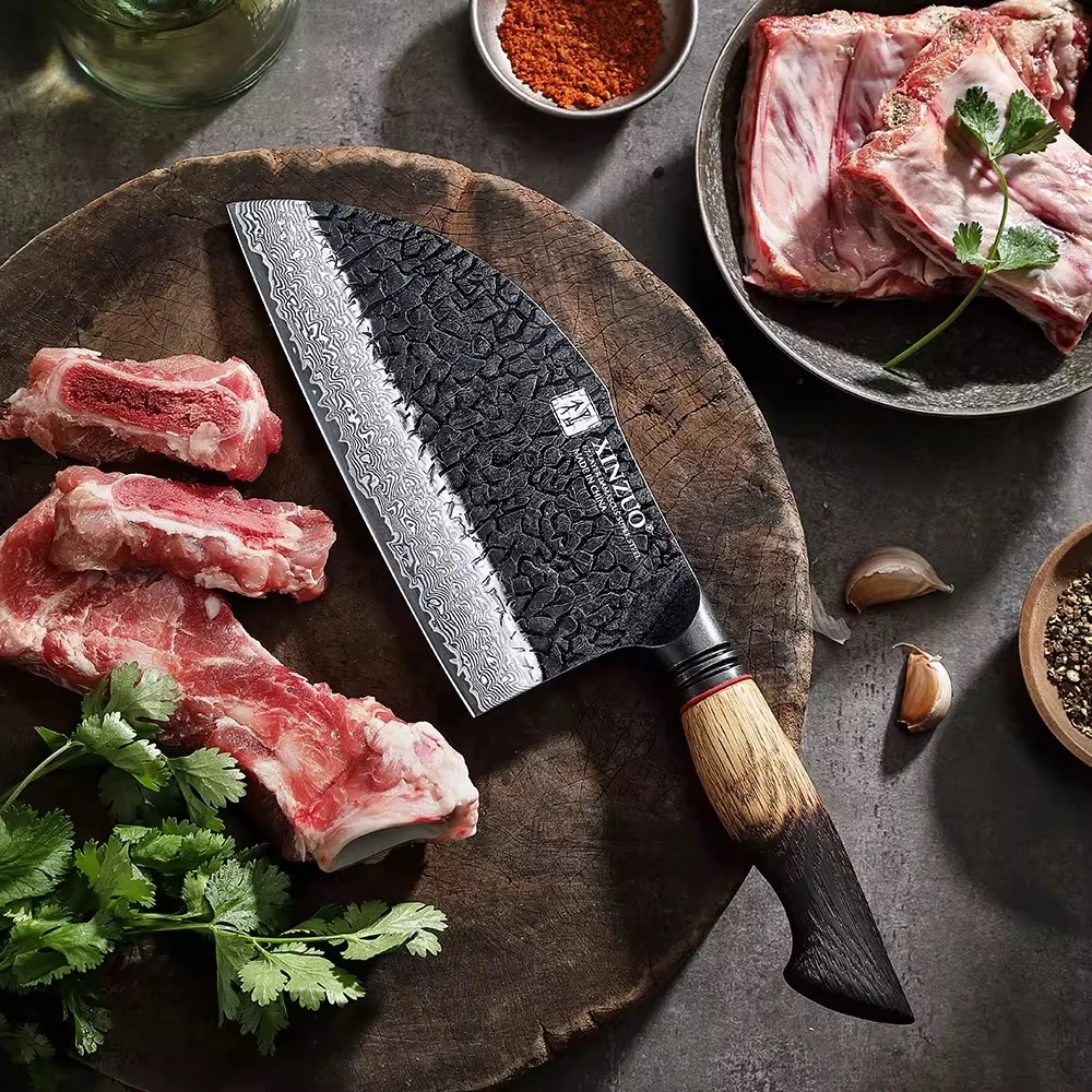 Cuchillo Hacha 7.3" · Serie X06-KG | Damasco 67C · Roble Quemado | XINZUO
