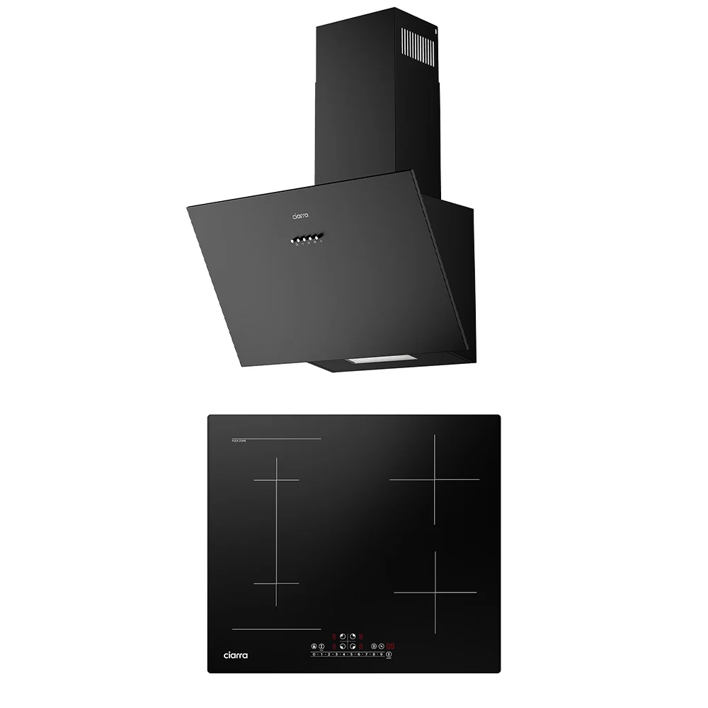 Ciarra 60cm Modern Set: Wall-Mount Hood + 4-Zone Induction Hob Black