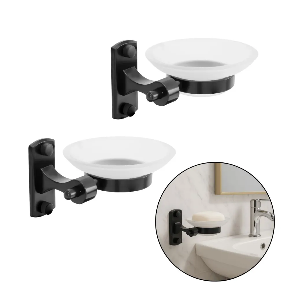 pack x 2 Jabonera Base Rectangular en Aluminio Color Negro con Plato de Cristal BOCCHERINI