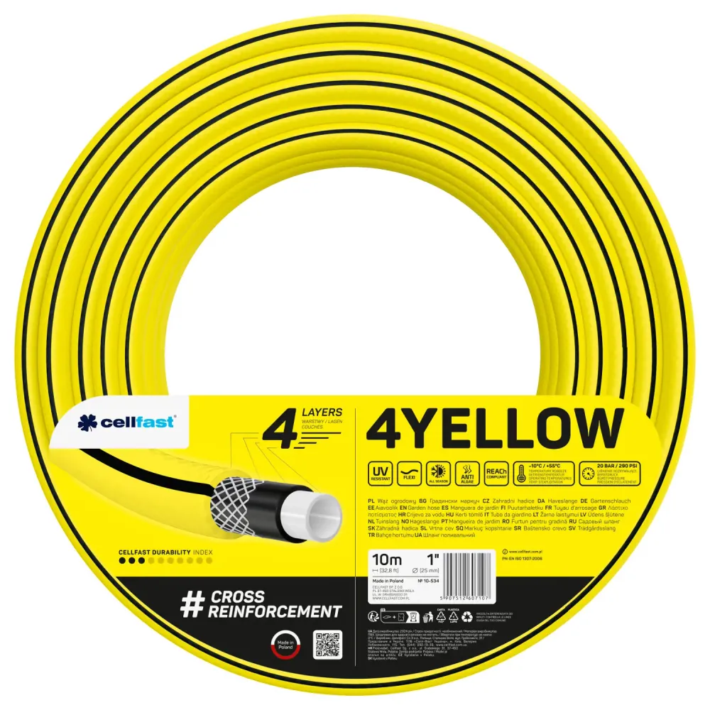 Manguera de jardín Cellfast, de 4 capas, resistente los rayos UV, diámetro de 1", longitud de 10 m, 4YELLOW