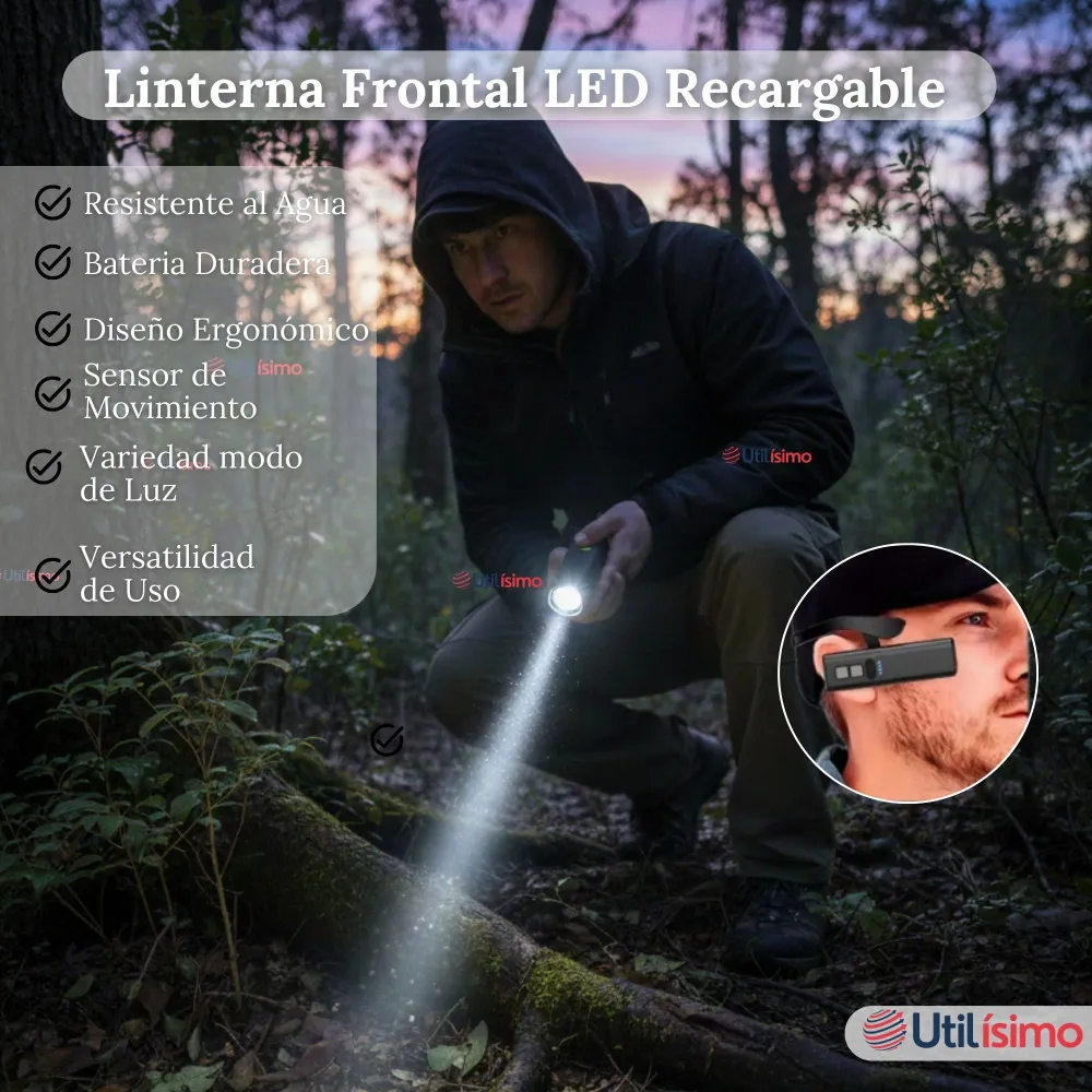 Linterna Frontal LED Recargable con Gancho Extraible Utilísimo Chile