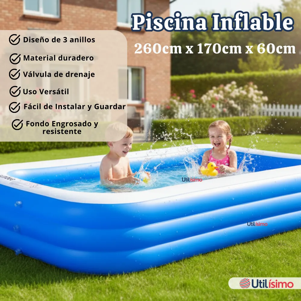 Piscina Inflable Rectangular 260x170x60 CM Color Azul Utilísimo Chile