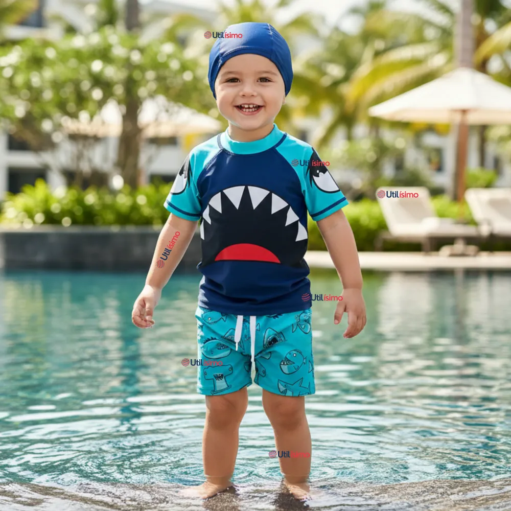 Traje de Baño Con Gorro Pantalón Corto Manga Corta 3 Piezas Corte Split Niño 2 8 ños Blue Shark Utilísimo Chile