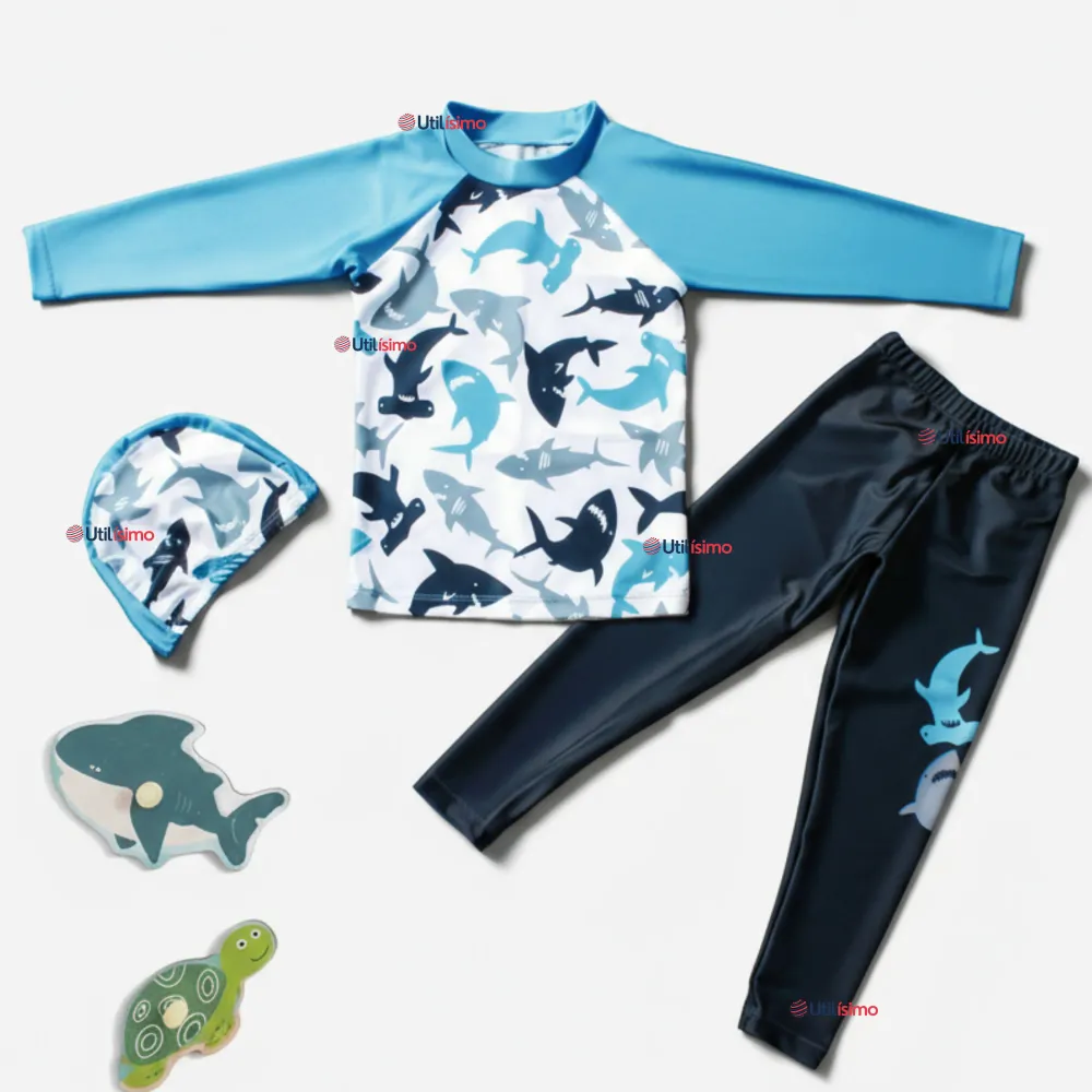Traje de Baño Con Gorro Pantalón Largo 3 Piezas Corte Split Manga Larga Niño 3 11 ños White Shark Utilísimo Chile