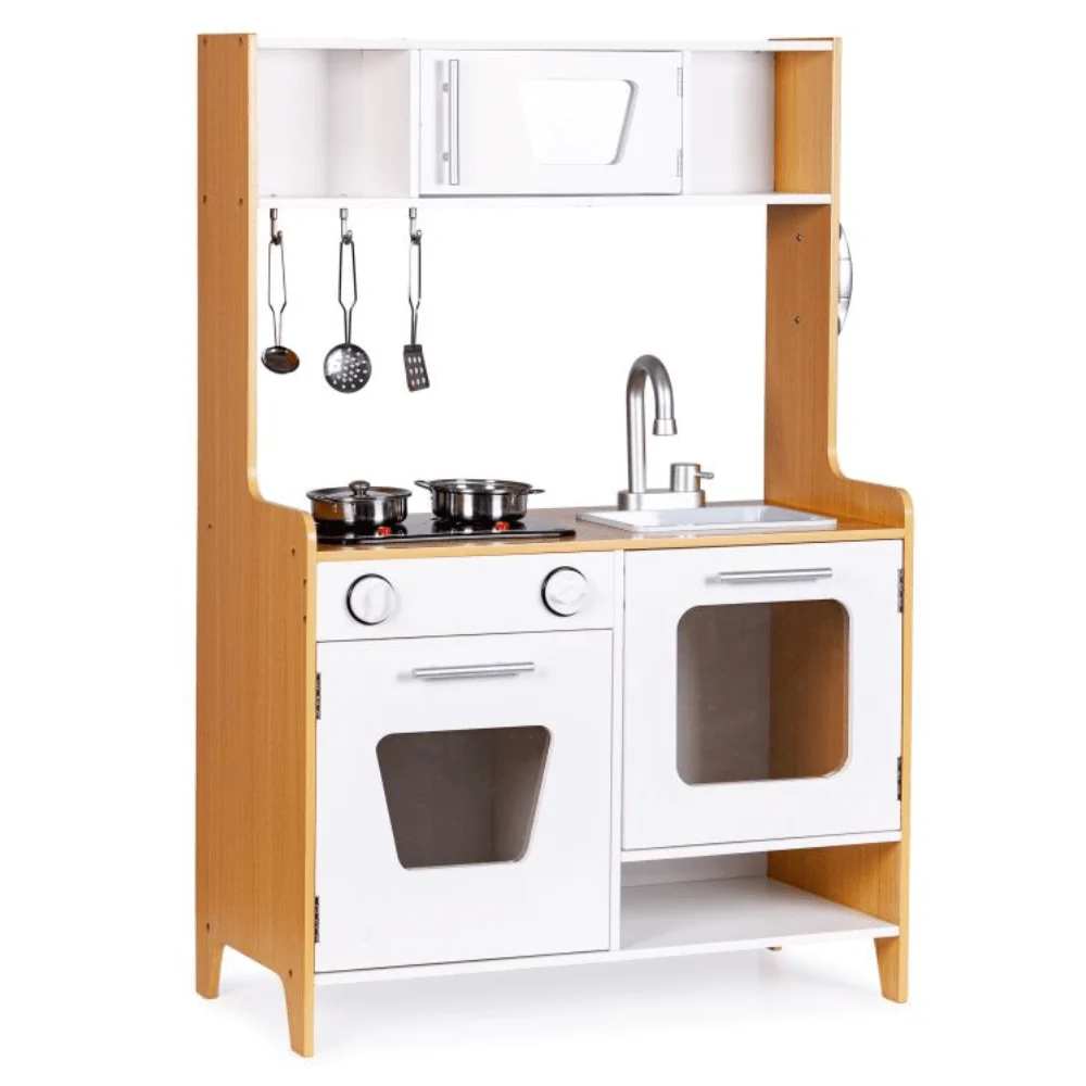 Cocina de madera con quemadores multimedia para niños