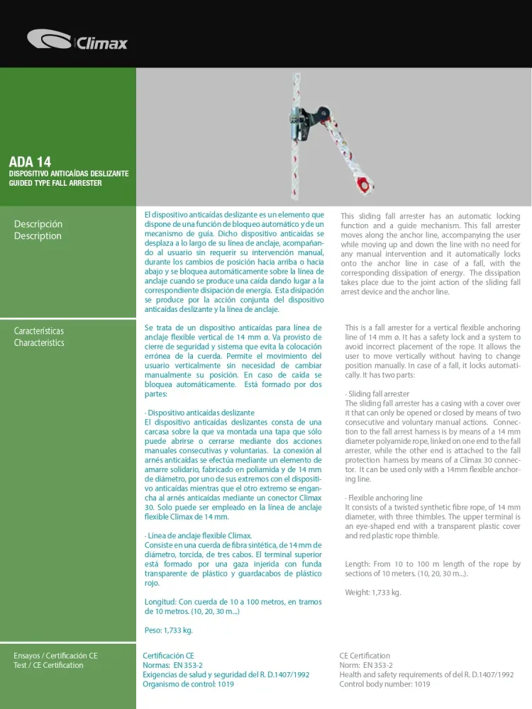 Deslizador Automatico Anticaidas Linea De Anclaje Flexible 14Mm Climax