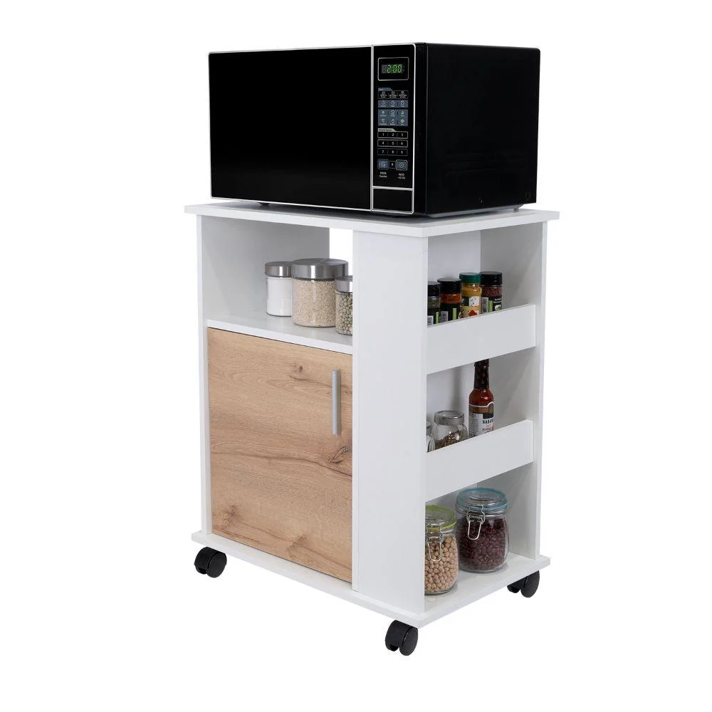 Módulo Microondas Tahara, Café Claro y Blanco, con Rodachinas Plásticas y Amplio Espacio Para Almacenar RTA Design