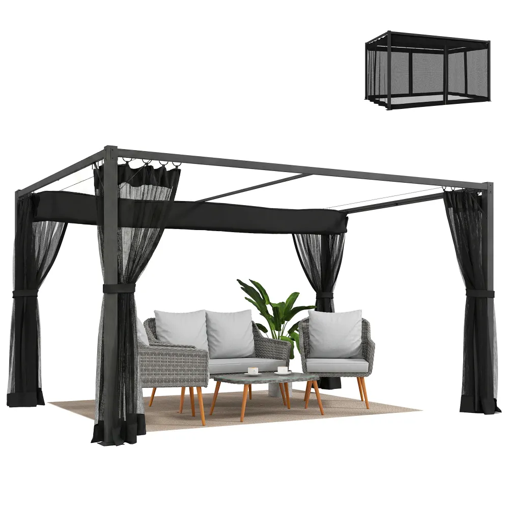 Pérgola de jardín Outsunny 3 x 4 m con techo retráctil UPF 30+, 4 paredes laterales de malla y estructura de aluminio, gri...