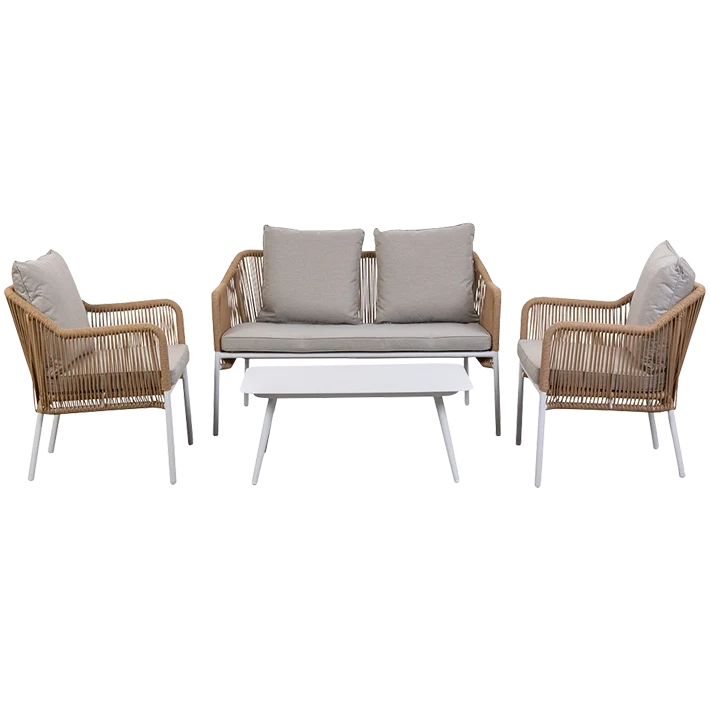 Conjunto de jardín beige para 4 personas: sofá, 2 sillones y mesa baja Eme Mobiliario