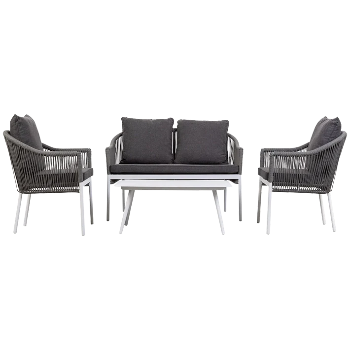 Conjunto de jardín con mesa rectangular, 2 sillones y sofá grises Eme Mobiliario