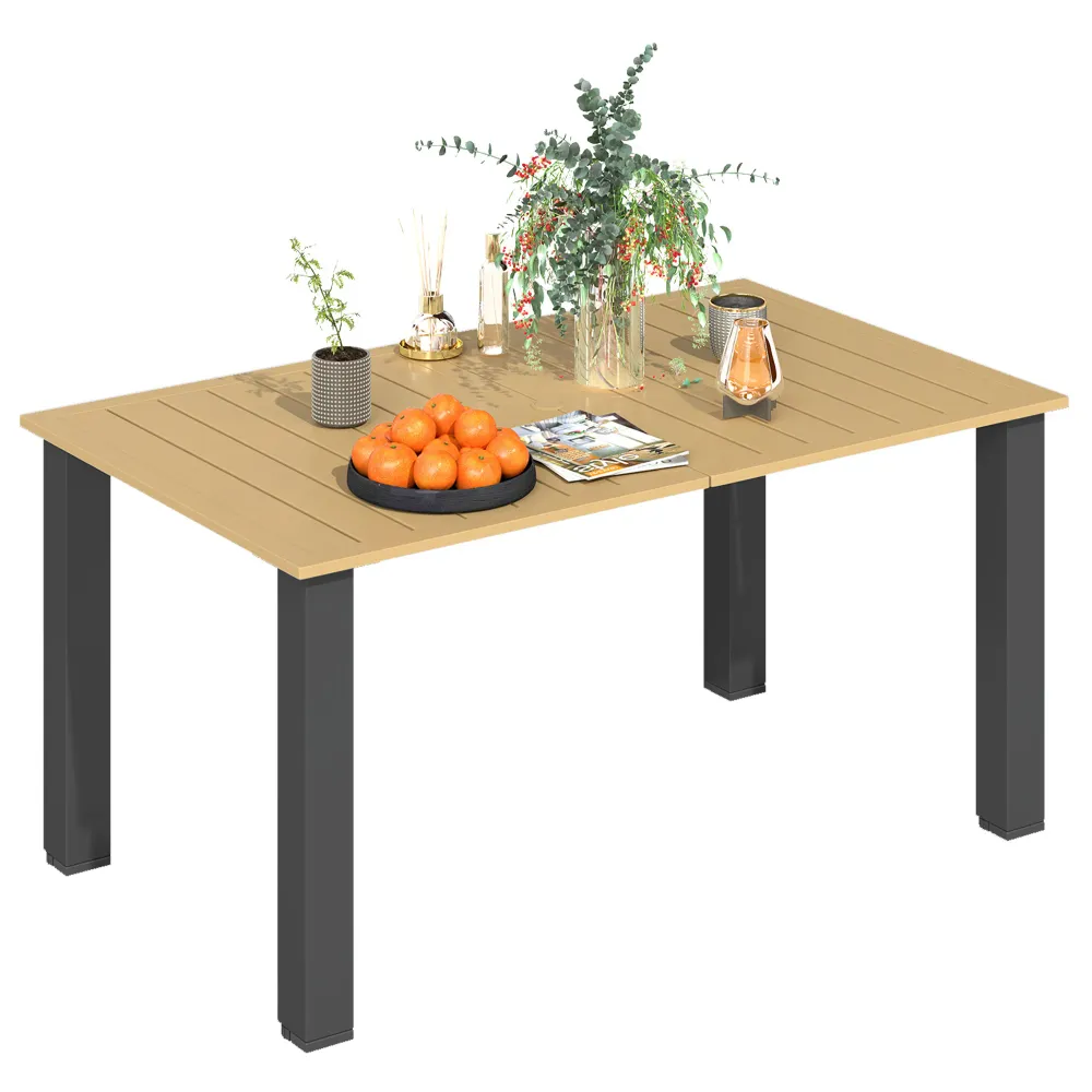 Outsunny Mesa de Jardín Rectangular Mesa de Terraza Exterior 150x90x73 cm con Patas de Acero Orificio para Sombrilla y Dis...