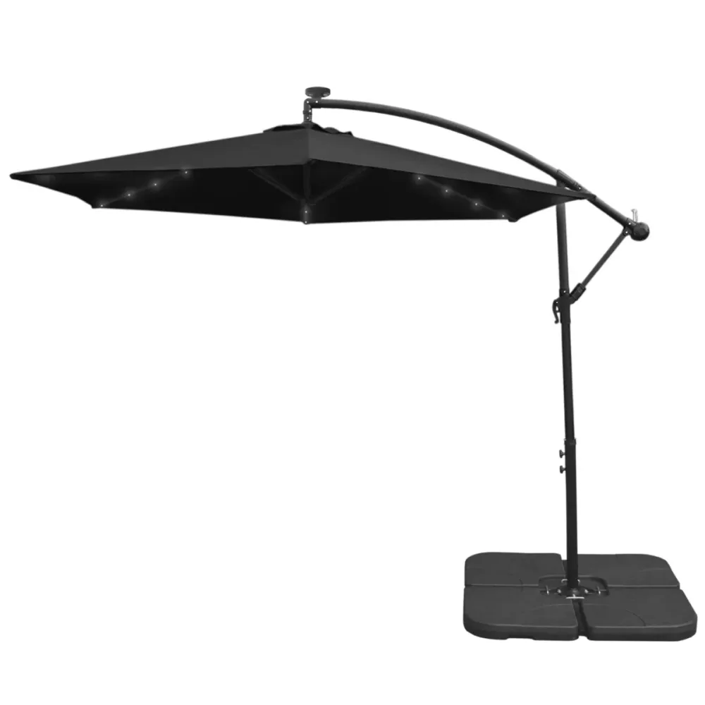 Sombrilla Voladiza de 3m con Luces LED y Base Cuadrada - Negro