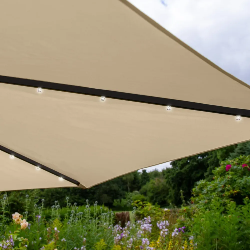 Sombrilla Voladiza de 3m con Luces LED y Base Cuadrada - Beige
