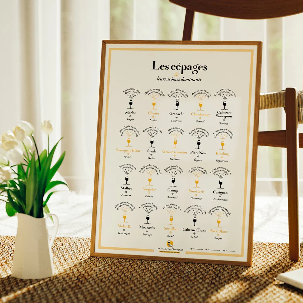 Póster de variedades de uva y sus aromas dominantes E-tasting UE