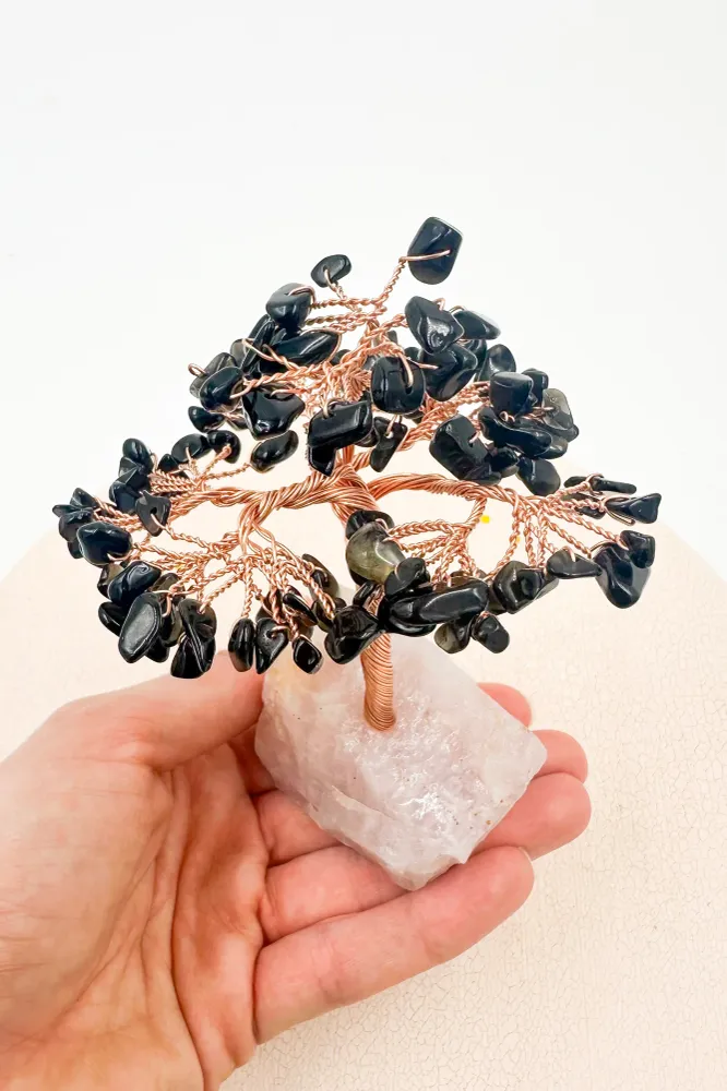 Árbol de obsidiana con base de cuarzo rosa | Amor - Protección