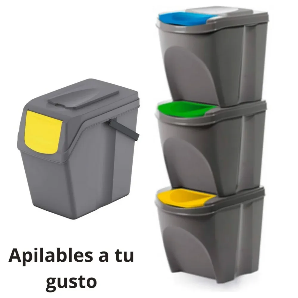 Cubo basurero vertical reciclaje en color gris. Cubo para reciclar papel, vidrio y plástico.
