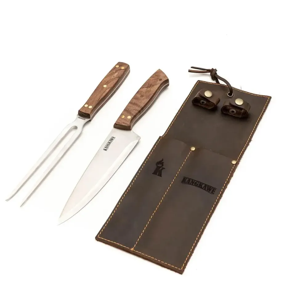 Set Parrillero Tenedor + Cuchillo Con Funda De Cuero Café Kangkawe
