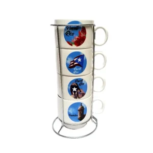 Juego de 4 tazas de café con soporte y bandera de Puerto Rico, Garita y Amapola Dream Team Collectibles