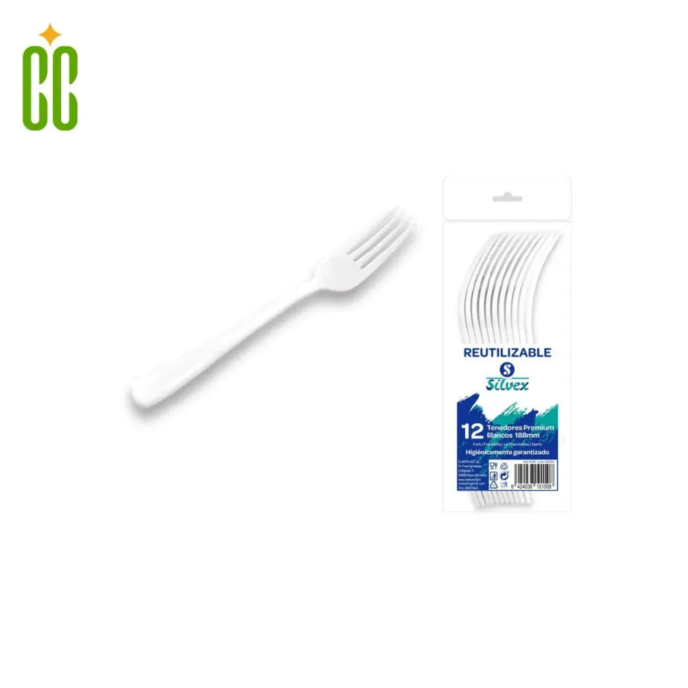 Silvex - Tenedor Reutilizable Blanco L.20, 12 piezas Cosmo Cosmetics