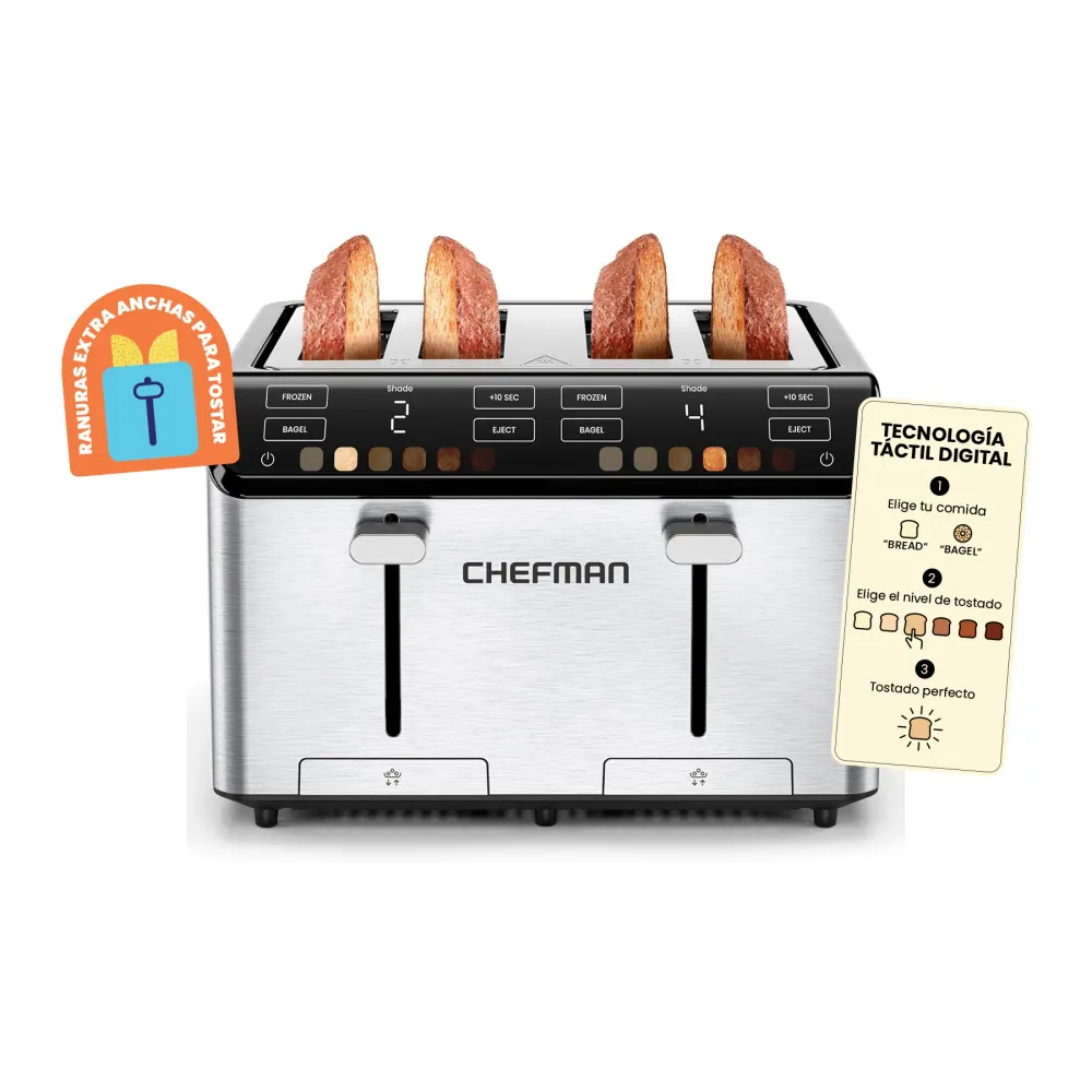 Chefman - Smart Touch Tostador 4 rebanadas digital, 6 definiciones de tonalidad. Chefman Mexico
