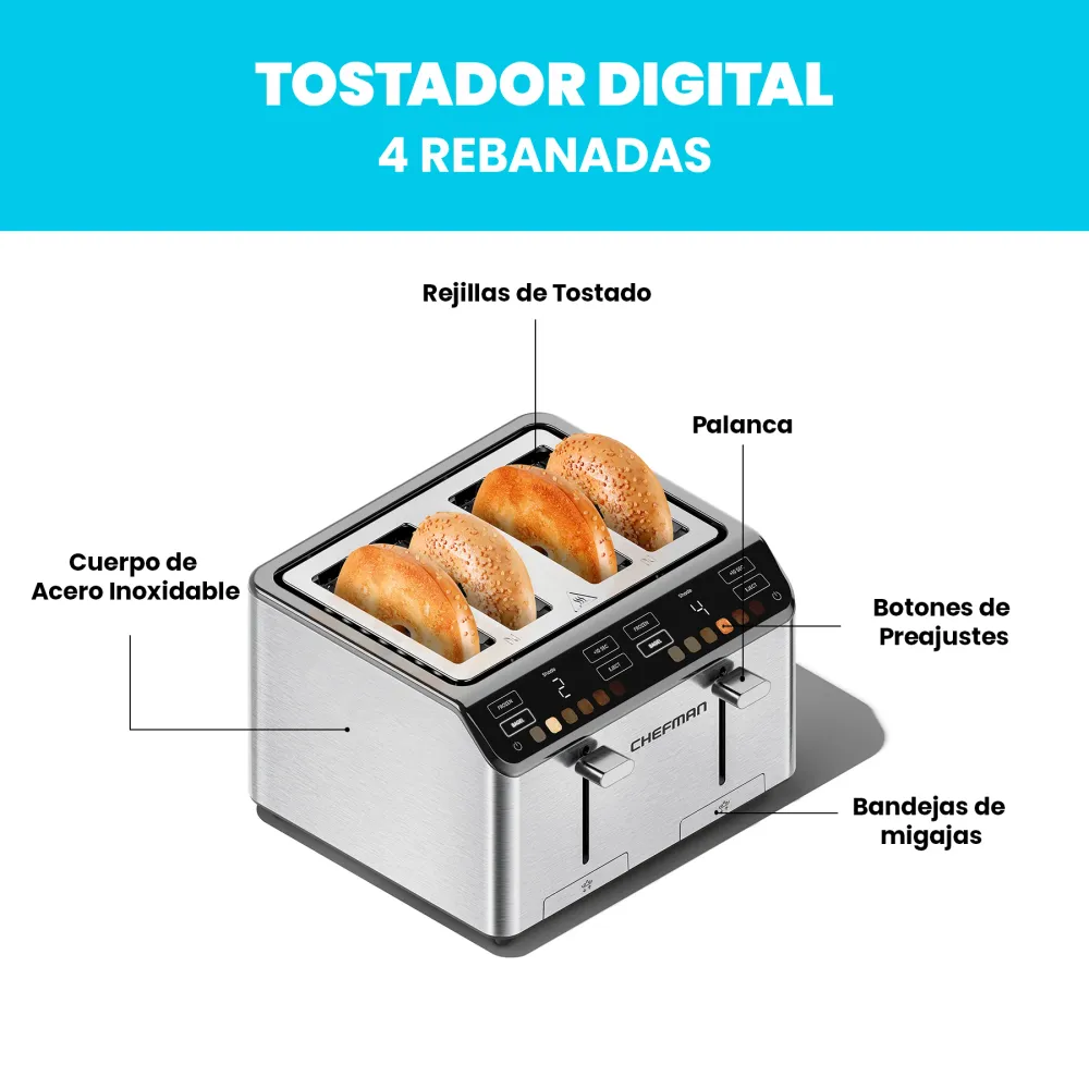 Chefman - Smart Touch Tostador 4 rebanadas digital, 6 definiciones de tonalidad. Chefman Mexico