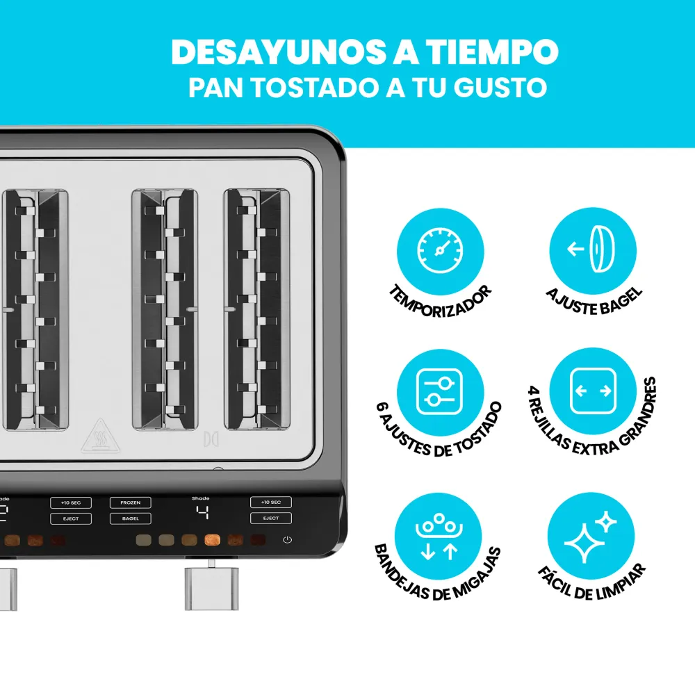 Chefman - Smart Touch Tostador 4 rebanadas digital, 6 definiciones de tonalidad. Chefman Mexico