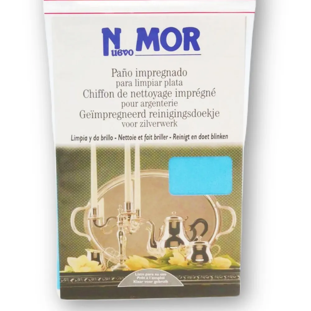 Paño impregnado para limpiar plata para el mantenimiento en un solo paso de los objetos de plata. Limpia y da brillo.